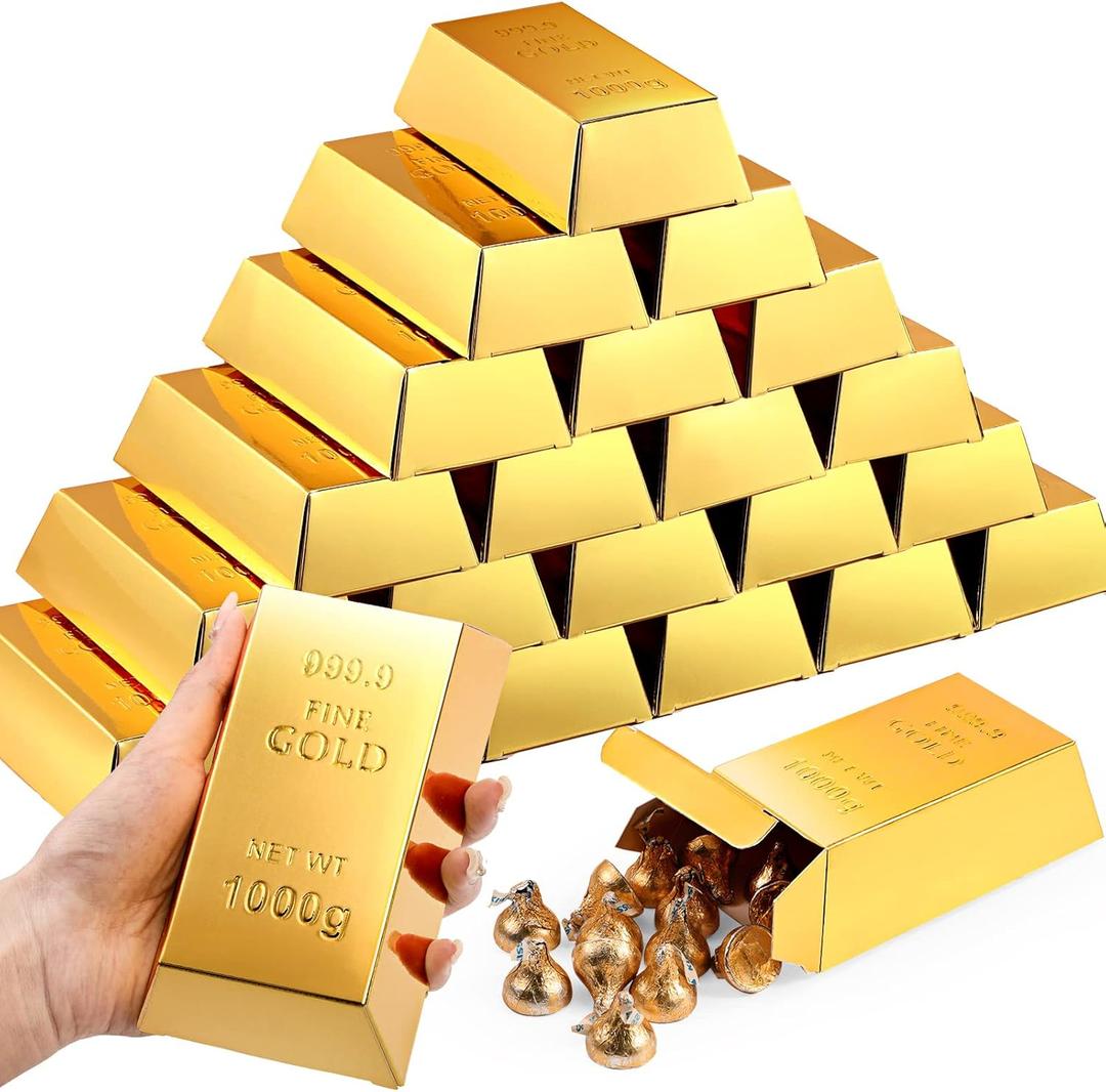 Honoson 48 Pcs Gold Bar Fake Gift Box Foil Gold Bar Party Favor Boxes Paper Golden Favor Boxes Treasure Brick for Pirate Casino Theme Party Decorations Candy Treats Chocolate Toys, 5.5 x 3.2 Inches