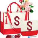 2 Personalized Canvas Tote Bag for Women, DIY Embroidered Initial Handbags, Teacher Mom Present for Birthday Bag (S, Red)