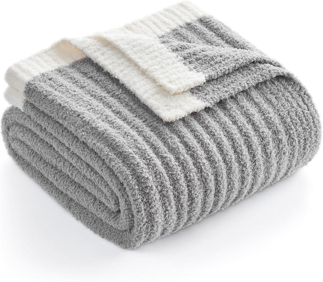Snuggle Sac Soft Ribbed Throw Blanket for Couch, Microfiber Fluffy Knit Throws, Luxurious Fuzzy Blankets for Couch, Sofa, Travel, Grey, 50x60 inches