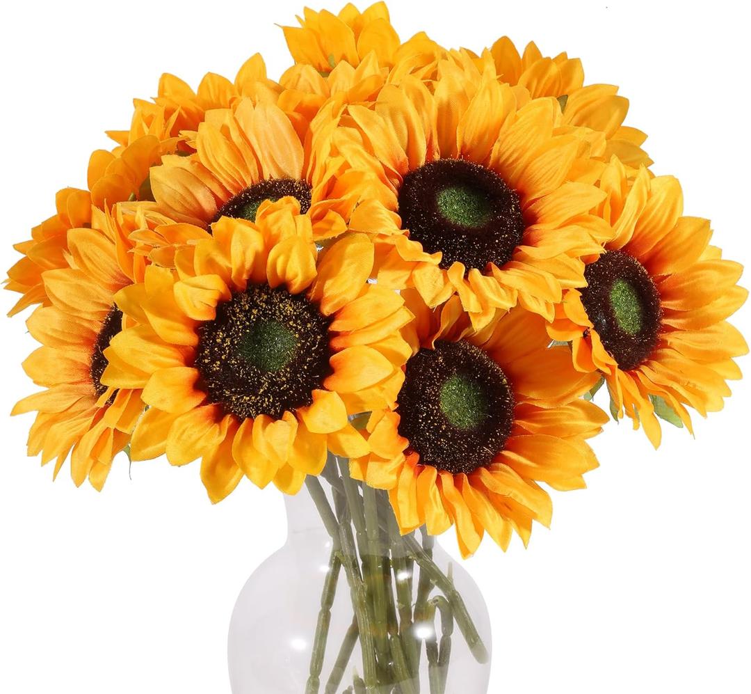 LFF 5.5" Large Headed Artificial Sunflowers, 12Pcs Realistic Silk Fake Sunflowers, Faux Yellow Flowers for Vase Home Wedding Bridal Bouquet Baby Shower Centerpieces Party Decor DIY Floral Crafts