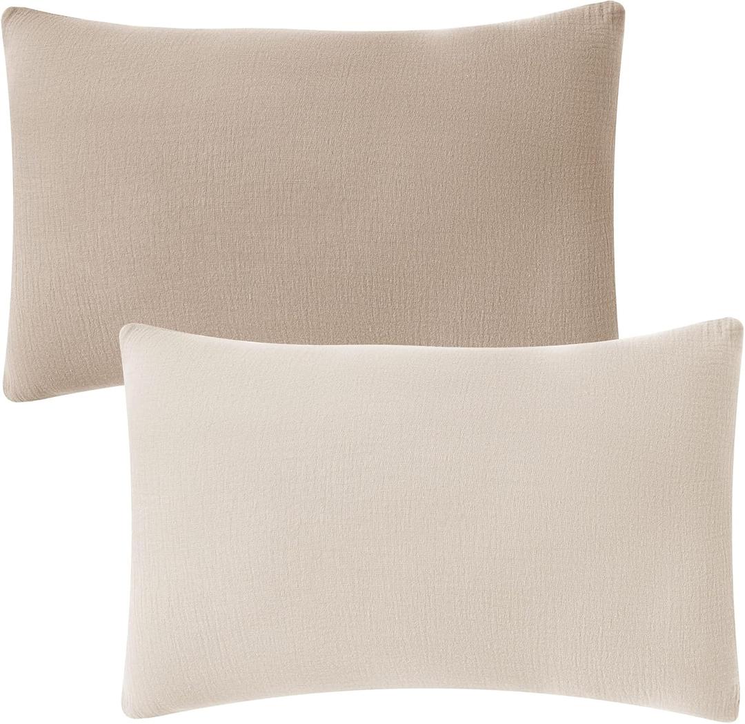 JELLYMONI 2 Pack Muslin Toddler Pillowcase for 13x18 Pillow, 100% Cotton Baby Pillow Case Cover for Bed, Toddler Cot and Travel, Soft & Breathable Baby Kids Envelope Pillowcase, No Pillow (Khaki/Beige)