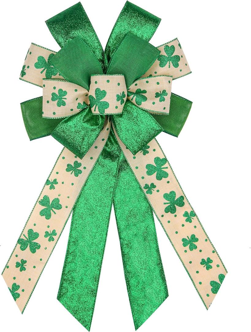 3 x BUVANE St. Patrick's Day Wreath Bow,12 x 20 Inches Large Green Shamrock Irish Holiday Decoration Bow with Streamer Wired Edge Ribbon (Green)