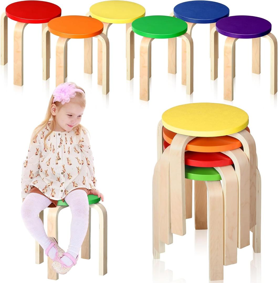 Kigley 6 Pcs 12 Inch Bentwood Stacking Stool for Kids Colored Durable Round Nesting Stool Flexible Wood Stackable Chairs for Playroom Daycare Home Classroom (Classic Color)