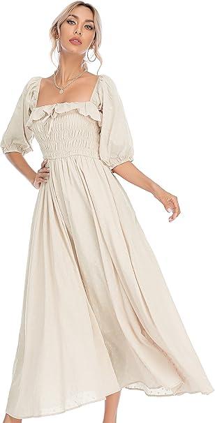 R.Vivimos Women Summer Half Sleeve Cotton Ruffled Vintage Elegant Backless A Line Flowy Long Dresses Beige XL