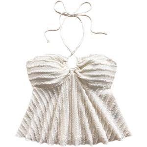 SOLY HUX Women's Halter Cami Crop Top Sleeveless Backless Ruffle Flared Summer Tops (Beige, L)