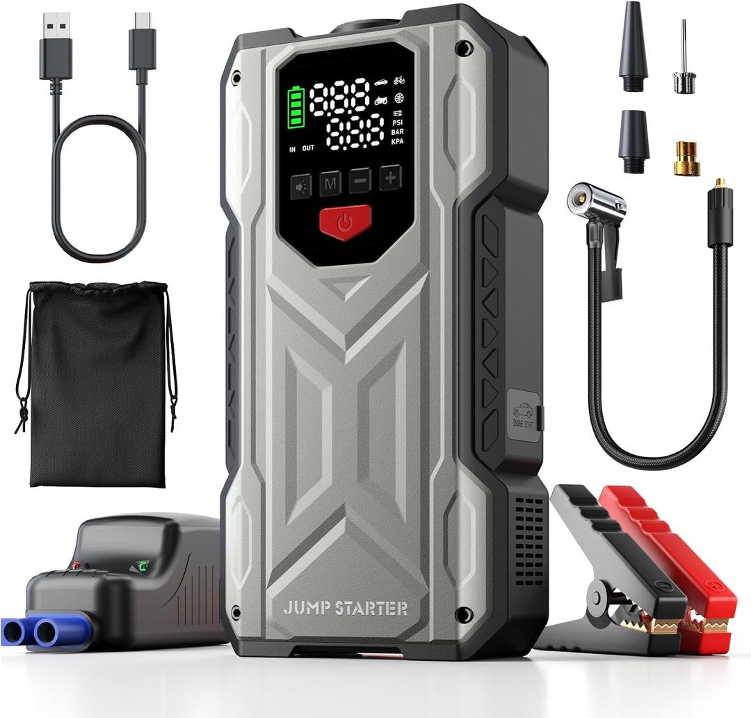 Pabulum Car Jump Starter with Air Compressor, Portable Battery Charger jumpstart 12V Vehicles(9.0Gas 8.0LDiesel), Car Jumper Starter with 150PSI Tire Inflator, Jump Box with USB Charging &LED Light
