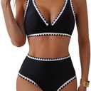 MOOSLOVER Women Whip Stitch Bikini Sets Plunging High Waisted 2 Piece Swimsuit Summer Beach Swim Bathing Suits, Size L
