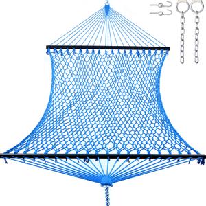 12ft Double Hammocks, Handwoven Traditional Cotton Rope Hammock with Hardwood Spreader Bar, Chains and Hooks for Indoor Outdoor, Max 450 lbs Capacity (Blue, Full)