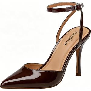 Closed Toe Slingback Heels Wedding High Stiletto Heel for Women Pumps 3.3 Inch Ankle Strap Pointed Toe Heels (7.5, Brown Patent)