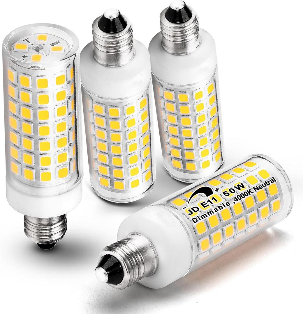 E11 Led Bulbs Dimmable 120V 50W Halogen Equivalent, T3 T4 Mini Candelabra Base JDE11 Led Bulb, 4000K Natural White 5W 500lm E11 Bulb for Chandeliers,Ceiling Fan, Table Lamps, Cabinet Lighting,4Pack