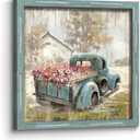 Farm Wall Art Framed Picture: Farmhouse Flowers Truck Wooden Painting Decor Countryside Print Rustic Country Scene Artwork for Living Room Bedroom, 30"L x 30"W