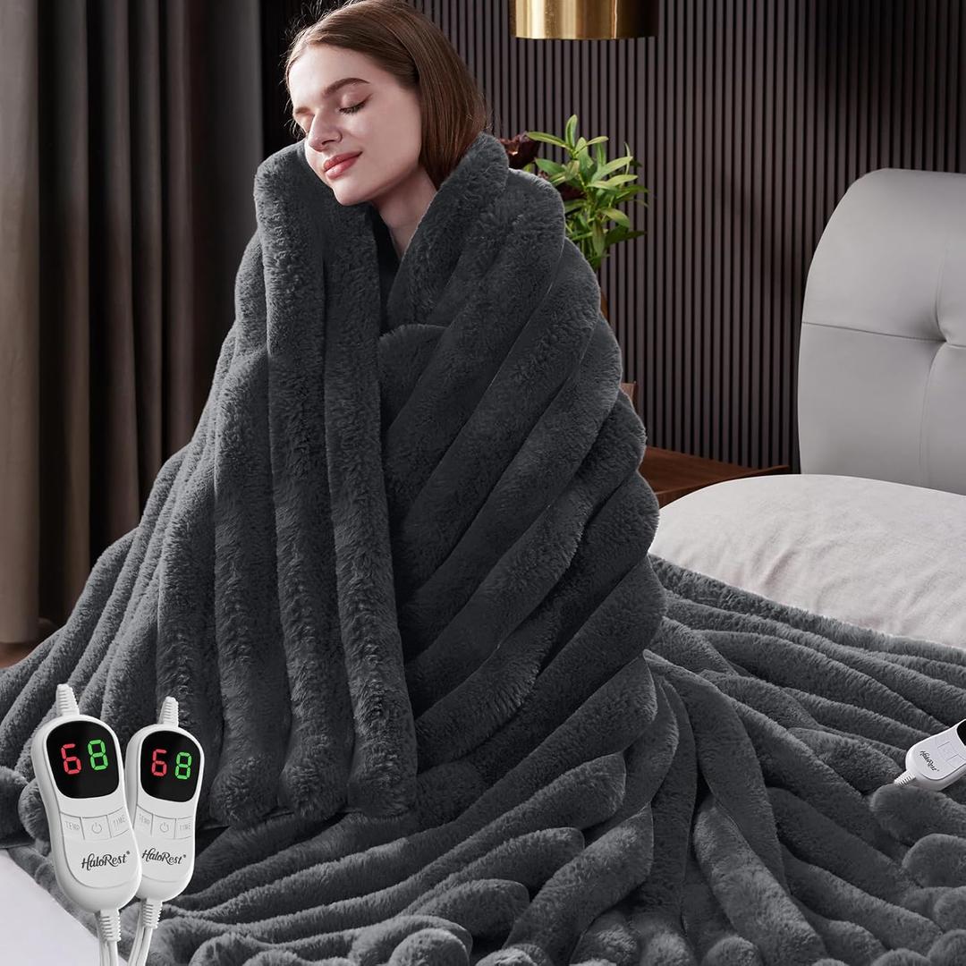 HaloRest Heated Blanket Queen Size, Faux Fur Cozy Heating Blanket with Overheat Protection, 1/2/4/6/8 Hours AutoOff 10 Heat Level, Machine Washable (84x90 Inches, Darkgrey)