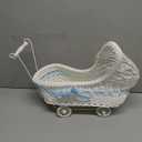 Kisangel Imitation Rattan Baby Carriage Flower Basket 14.6X11.4X6.7 Inch Vintage Style Wicker Stroller Centerpiece for Baby Shower Party Decor