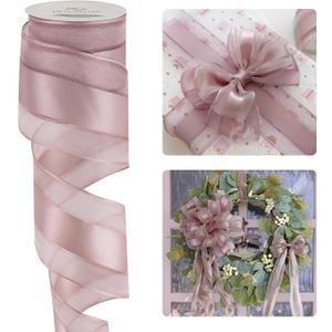 HUIHUANG Dusty Rose Sheer Wired Ribbon with Satin Stripe 2.5 inch Mauve Wire Ribbon for Bows Making, Wreaths, Gift Wrapping, Wedding Bridal Shower Decor, Christmas Tree-Continous 10 Yards