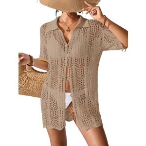 BreathSunny Womens Crochet Knit Polo Collar Swimsuit Coverup Cardigan Summer 2026 Beach Bathing Suit Cover Up Shirt Dress