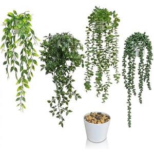 4 Pack Artificial Hanging Plants for Shelf,Fake Plants for room decor,String of Pearls,Mandala & Pea Pod Leaves in Pots for Indoor Outdoor Shelf Wall Decor - Realistic Faux Greenery(white flowerpot)