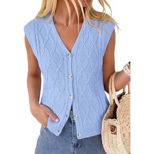 BTFBM Vest Tops for Women Summer V Neck Button Loose Lightweight Cardigan Knit Cap Sleeve Sweater Vests Fashion Clothing(Light Blue, Medium)