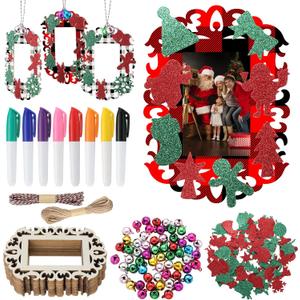 Youyole 144 Pcs Christmas Picture Frame Ornament 24 Pcs Unfinished Wooden Photo Cutouts with Bells EVA Wood Slices Colored Markers for Christmas DIY Craft Decoration(Classic Styles)