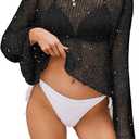 SweatyRocks Women's Sequin Sheer Knit Sweater Tops Long Sleeve Crochet Hollow Out Cover Ups Going Out
