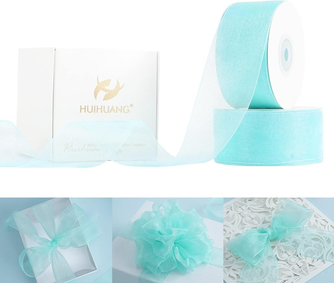 HUIHUANG Aqua Blue Organza Sheer Ribbon 1-1/2 inch Turquoise Transparent Organza Ribbons for Gift Wrap Floral Bouquet Bows Crafts Christmas Baby Shower Wedding Decor, 2 Rolls x 50 Yds Each Roll
