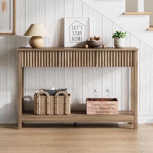 Treocho 47" Console Table with Drawers, Fluted Narrow Entryway Table with Open Shelf, Farmhouse Sofa Table Behind Couch for Hallway, Living Room, Brown Walnut (1 Tier)