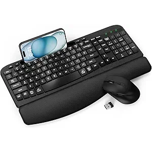 Wireless Keyboard and Mouse Combo, Full-Sized Ergonomic Wave Keys Keyboard with Memory Foam Wrist Rest & Phone Holder, 2.4G Quiet Keyboard Mouse Work Setup for PC Laptop, Office or Home (Black)