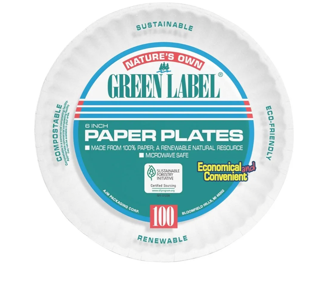 AJM AJMPP6GRE Green Label Paper Plates, Microwavable, 6" Diameter (30 Pack of 100)