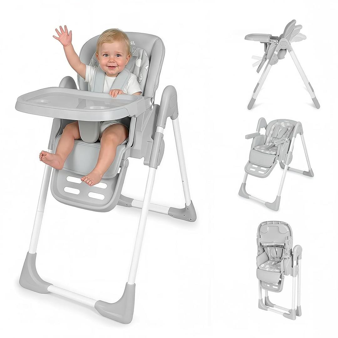 High Chair for Babies and Toddlers, Baby High Chair with Removable Tray, Adjustable Backrest, Footrest Height Settings, Space-Saving Design, Foldable (Light Gray)