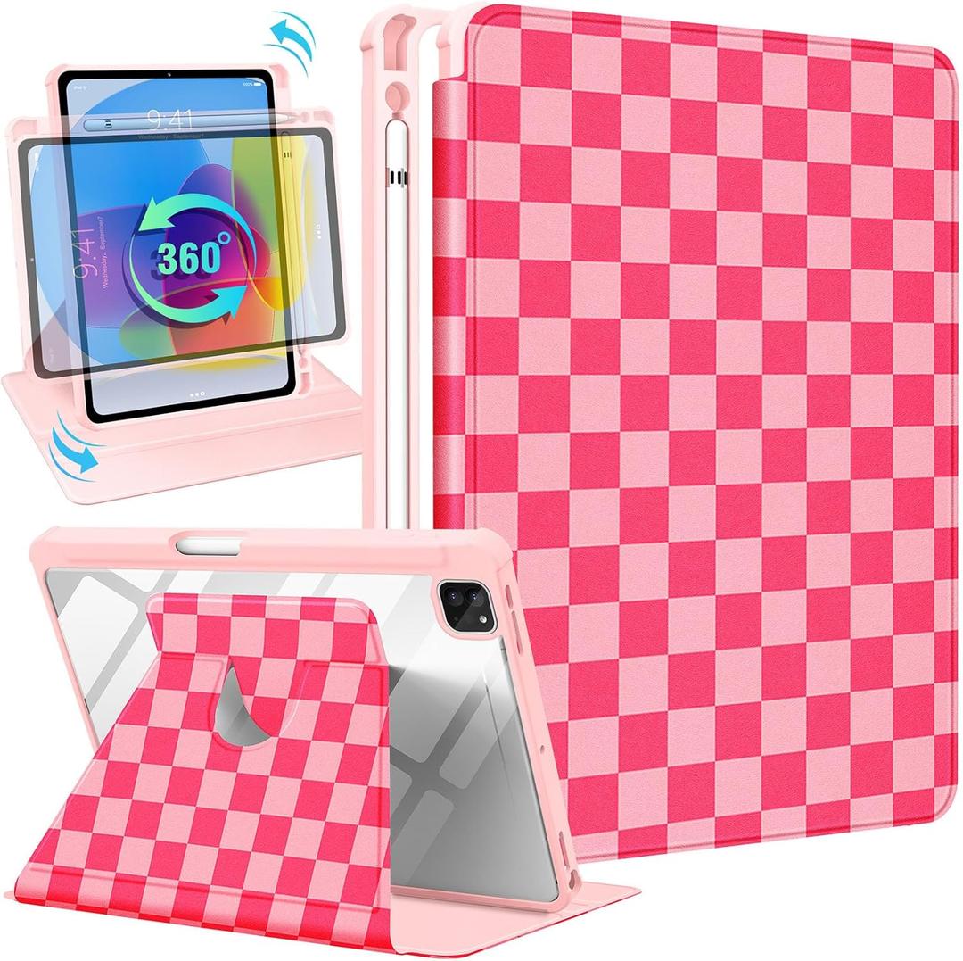 Uppuppy for iPad Air 11 inch Case, Air 5th/4th Generation 10.9, Pro 11'' Case Women Girls for Apple Pencil Holder Cute Checkered Rotating Folio Cover for iPad Air 11 2024 (M2), 10.9 2022 2020, Pro 11 (6-Red Plaid)