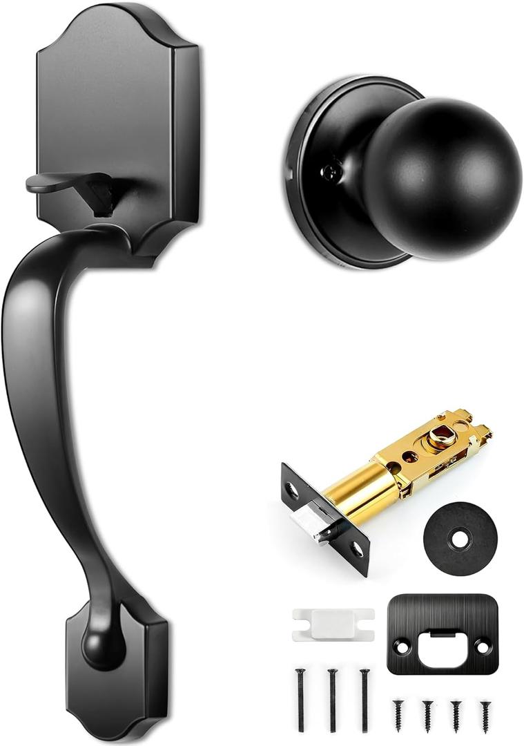 Front Door Handleset, Entry Door Handle Set with Cove Knob for Right and Left Handed Sided Doors, Interior and Exterior Entrance Passage Lock, Lower Half Grip, Matte Black