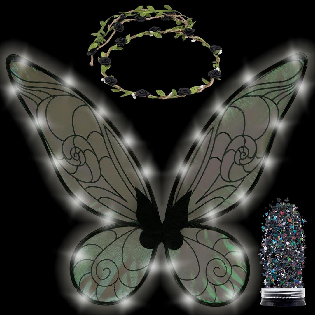 Funcredible Fairy Costume For Women and Girls - Light Up Fairy Wings and Flower Crown, Glitter - Butterfly Wings (Black)