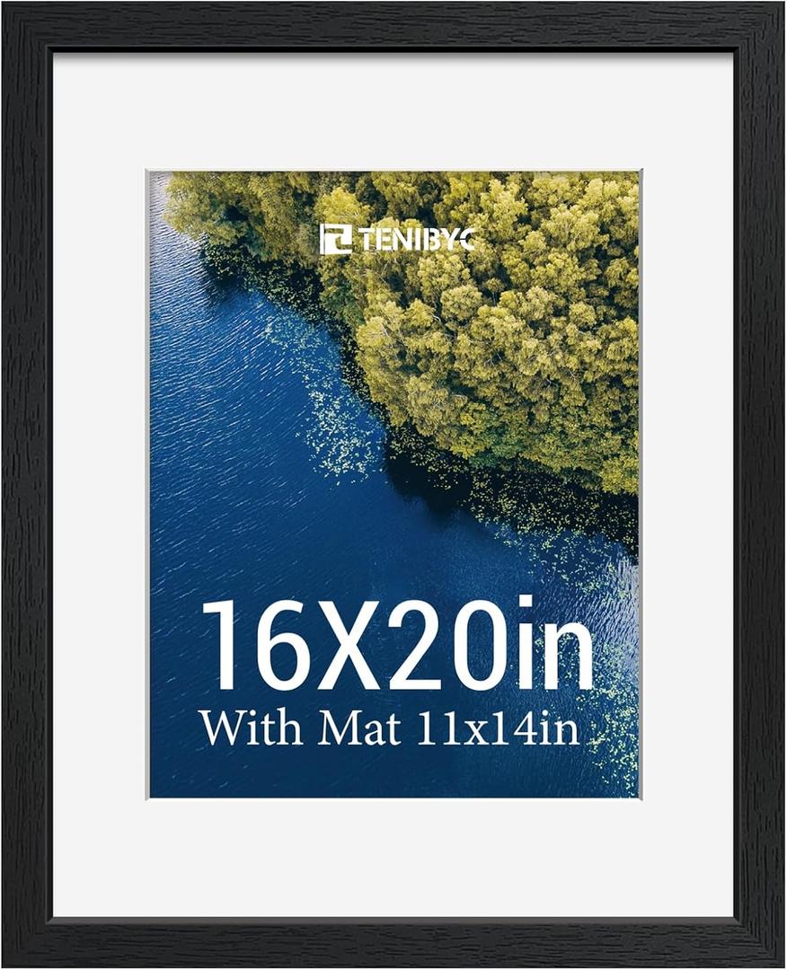 16x20 Picture Frame - Black Solid Wood Photo Frames - Tempered Glass - Displays Photos 11x14 with Mat or 16 x 20 without - Room, Office, Gallery, Studio, and Hallway Decor - Wall Hanging