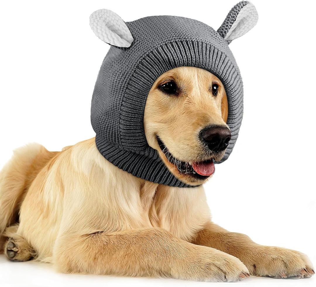 Quiet Ears for Dogs, Neck 14.96 Inch, Dog Ear Muffs Noise Protection Knitted Head Wrap Pet Hats for Medium to Large Pets(Dark Gray)