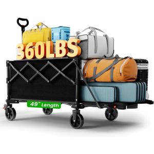 Extra Large Foldable Wagons Extended, 250L Collapsible Wagon with Tailgate, 49L Folding Wagons with Brakes, Grocery Wagon, Utility Cart for Sports, Shopping, and Camping, Black