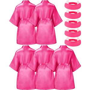 Jecery 5 Pack Spa Robes Set for Party Gift Sleepover Slumber Birthday Party Squad Robe DIY Silk Satin Bathrobes with Headband (Pink)