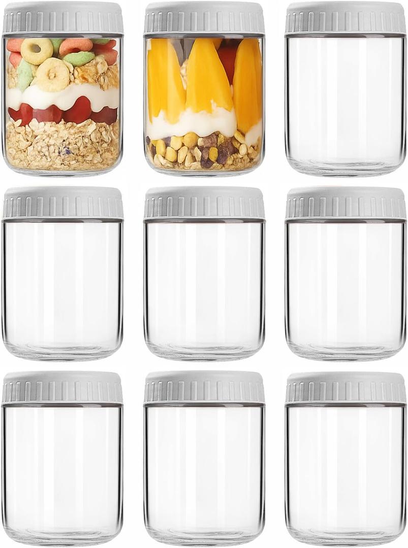 Overnight Oats Containers with Lids, 16oz Wide Mouth Mason Jars with Lids, 9 Pack Glass Jars with Airtight lid for Chia Pudding Yogurt Salad, Meal Prer Oatmeal Jars, Gray