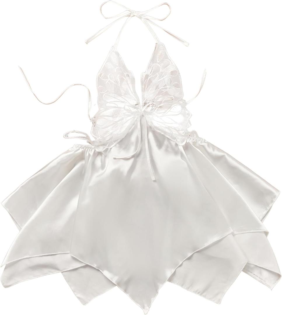 Midnight Surprise Butterfly Lace Lingerie Babydoll  White Sheer Halter Nightdress with Satin Petal Skirt (Large)