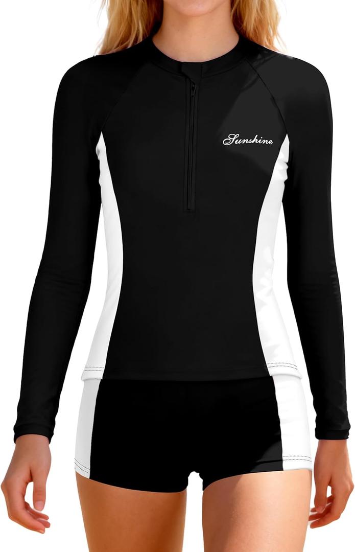 Girls Rash Guard Swimsuit Two Piece Set Colorblock Long Sleeve Bathing Suit UPF50+Sun Protection Swim Suits 7-16Y (15-16 Years, Black+white)