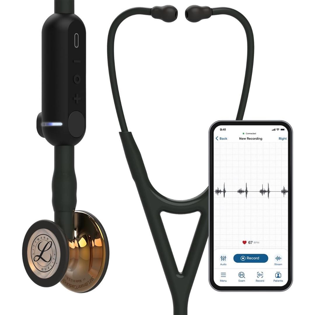 3M Littmann CORE Digital Stethoscope, Our Most Advanced Stethoscope Yet, Up To 40x Amplification, Active Noise Cancellation, In-App Sound Wave Visualization, High Polish Copper Chestpiece, 8870 (Black Tube, Black Stem)