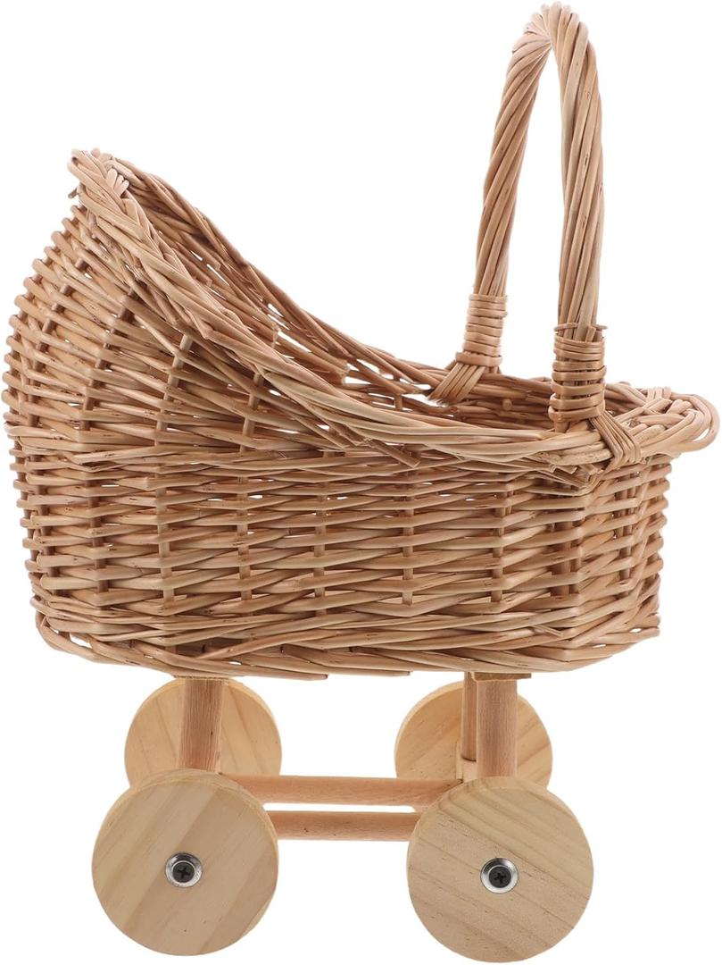 FRCOLOR Hand Woven Rattan Stroller, Wicker Baby Carriage for Baby Shower, Vintage Wicker Basket Flower Girl Baskets/Wedding Parties/Home Decoration/Flower Shop Display(13.77X10.43X7.48In)