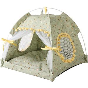 Cat Bed Tents Dog House Indoor Outdoor Lace Mesh Breathable Windows Door Curtains Removable Portable Nest Teepe House (Small,Green&Yellow)