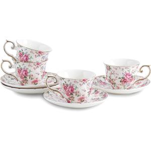 Agyiuns tea cups and saucers ceramic coffee mug 6oz for Coffee, Latte, Cafe Mocha and Tea-Set of 4 (Big flowers-Set of 4)