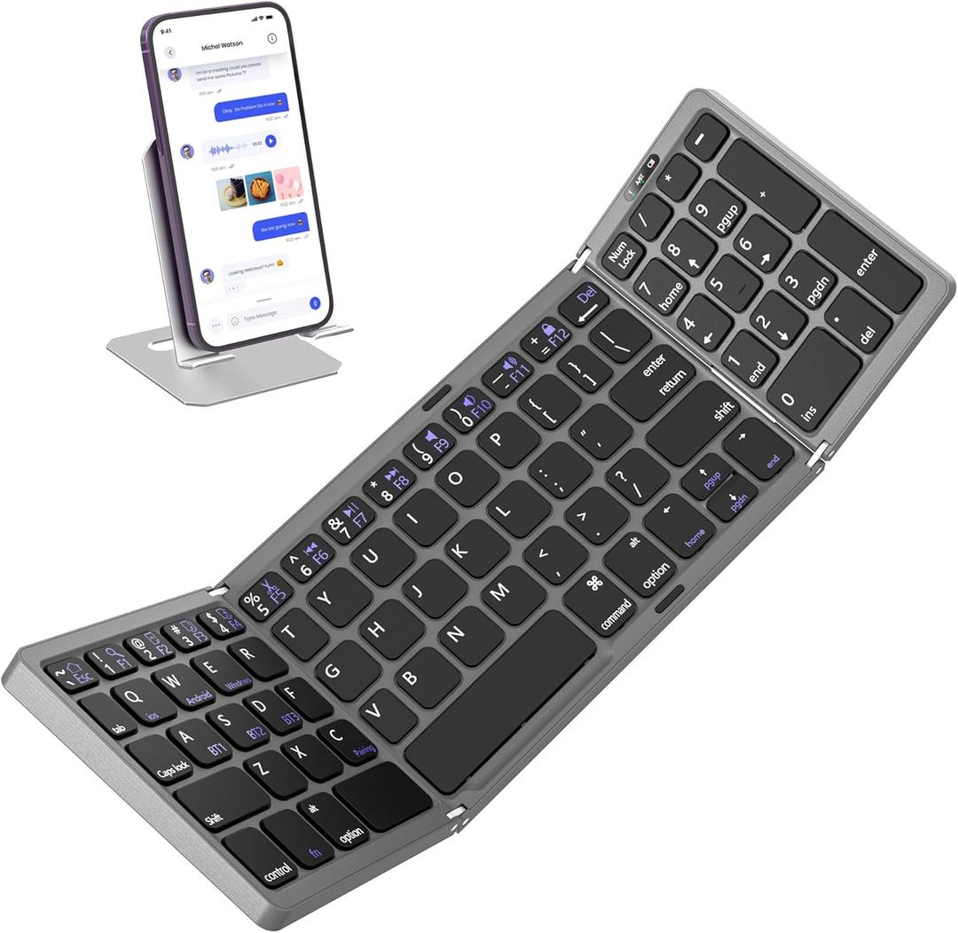 Foldable Keyboard with Number Pad, Full Size Folding Portable Bluetooth Keyboard with Numpad for Travel and Business, Sync up to 3 Devices, Use for iPad iPhone Android Smartphone Mac Tablet PC Laptop