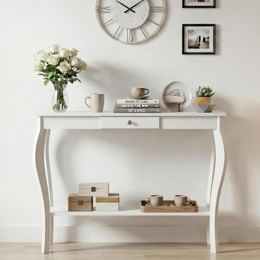 ChooChoo Narrow Console Table with Drawer, Chic Accent Sofa Table, Entryway Table, 39.3 Inch, White
