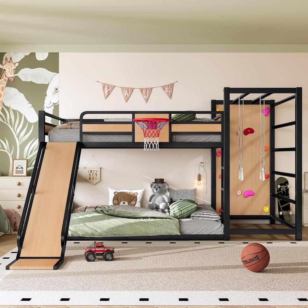 Bellemave Full Size Bunk Bed with Basketball Hoop, Pull-up Rings and Climbing Wall, Full Bunk Bed with Slide and Bookcase, Heavy Duty Bunk Beds with Guardrail, Natural