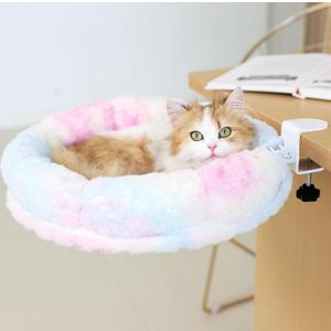 Cat Desk Bed, Cat Perch for Home Office, 360Rotating & Adjustable Shelf, Removable Comfortable Soft Pet Nest Bed, Modern Unique Kitten Furniture Attachment for Game Tables (Gradient)
