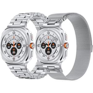 Strap Compatible with Galaxy Watch Ultra 47mm,2 Pack No Gap Soild Stainless Steel Strap + Mesh Band for Samsung Galaxy Watch Ultra 47mm 2025 and 2024 Men Women Business Wristband Replacement