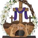 Capoda He Is Risen Easter Wooden Table Decoration Easter Resurrection Tabletop Sign Christian Cross Table Centerpiece Empty Tomb Religious Decor Jesus Lily Flowers Display for Holiday Spring Home