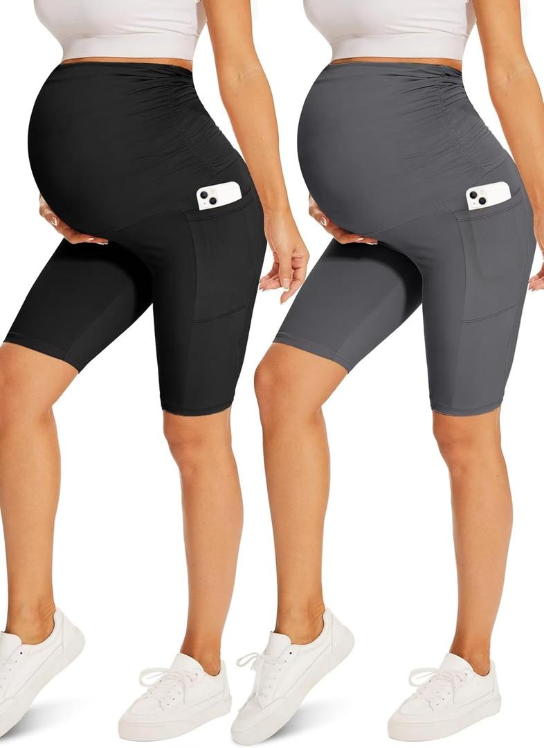 Fotociti Maternity Shorts with Pockets Over The Belly,8" Pregnancy Biker Yoga Active Workout (Small, Black+grey)