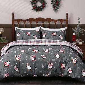 Sunshin Christmas Duvet Cover Set Queen Size 3 Pieces Penguin Snowflakes Xmas Tree Bedding Set Grey Reversible Plaid Comforter Set with Zipper Closure (1 Duvet Cover, 2 Pillow Shams)